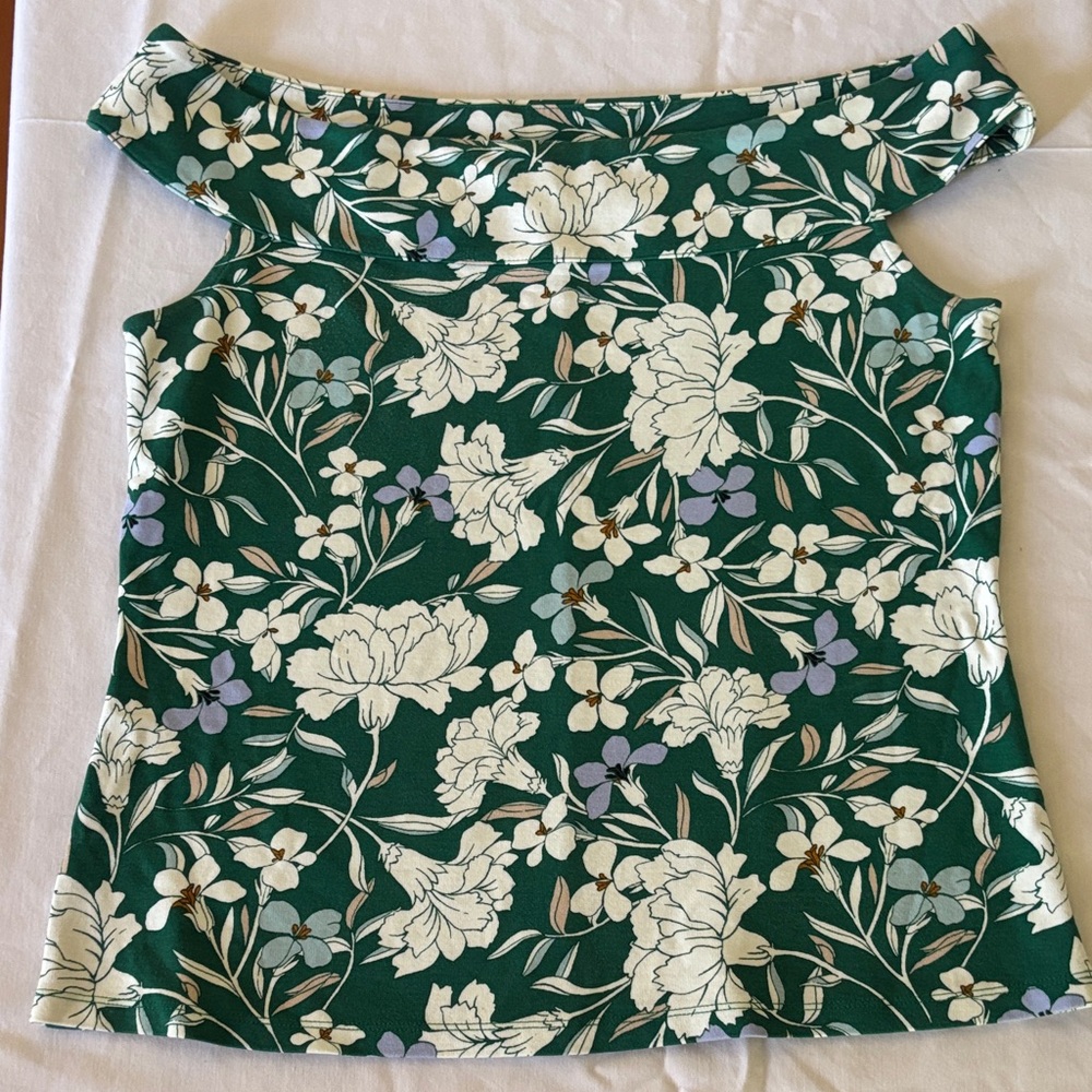 Ann Taylor Green Floral Off-Shoulder Blouse